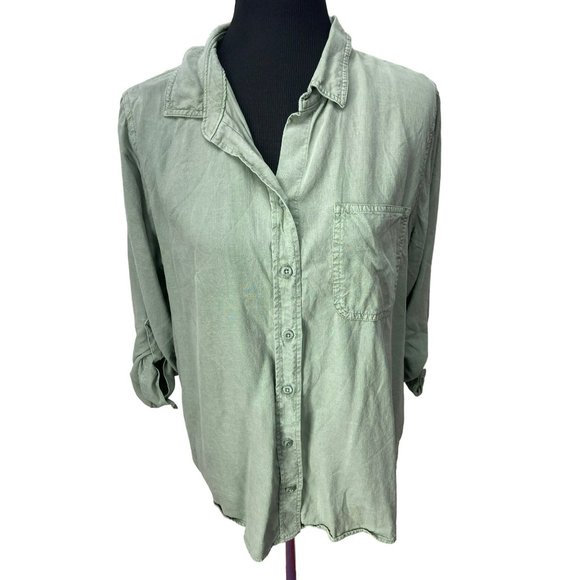 Side Stitch Olive Green‎ Size Petite Medium Button Up Adjustable Sleeve Blouse - Picture 1 of 7